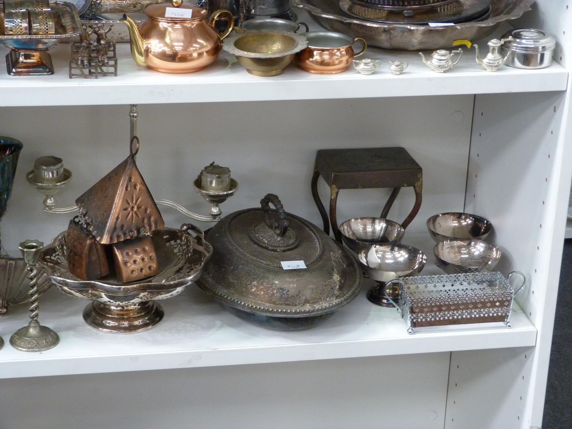 Three shelves to contain a selection of Stainless Steel, Silver Plated items to include Candlesticks - Image 4 of 8