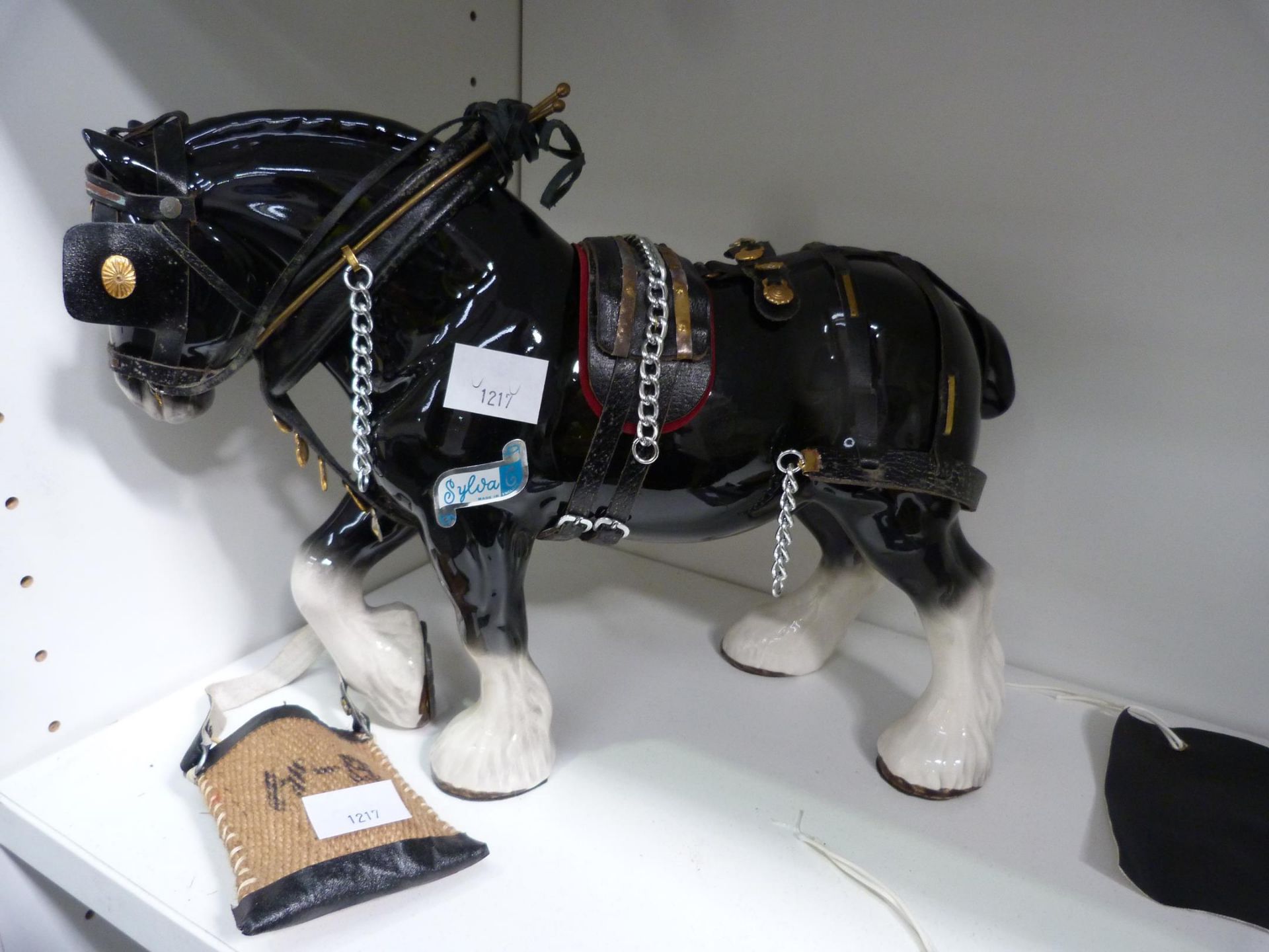 Two Sylvac Shire Horses with harnesses etc, a black and white example and the more rare dappled grey - Image 2 of 6