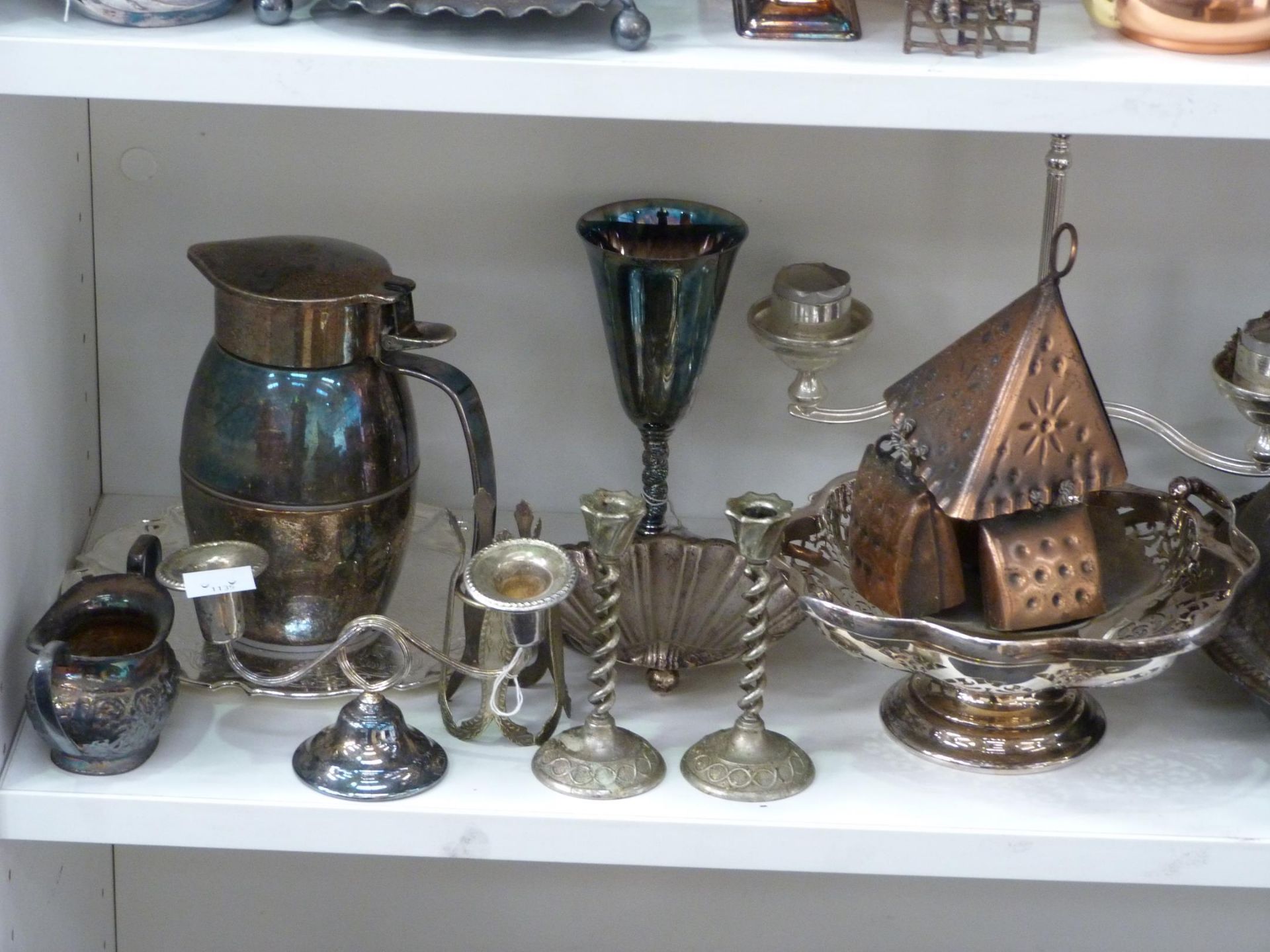 Three shelves to contain a selection of Stainless Steel, Silver Plated items to include Candlesticks - Image 5 of 8