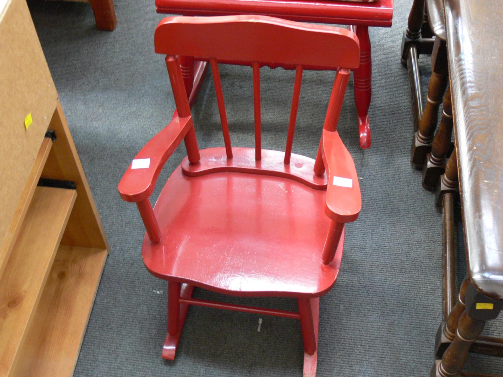 Two red painted Rocking Chairs - An adults with cushion and a child's without. (2) (Est. £20 - £40) - Image 2 of 3
