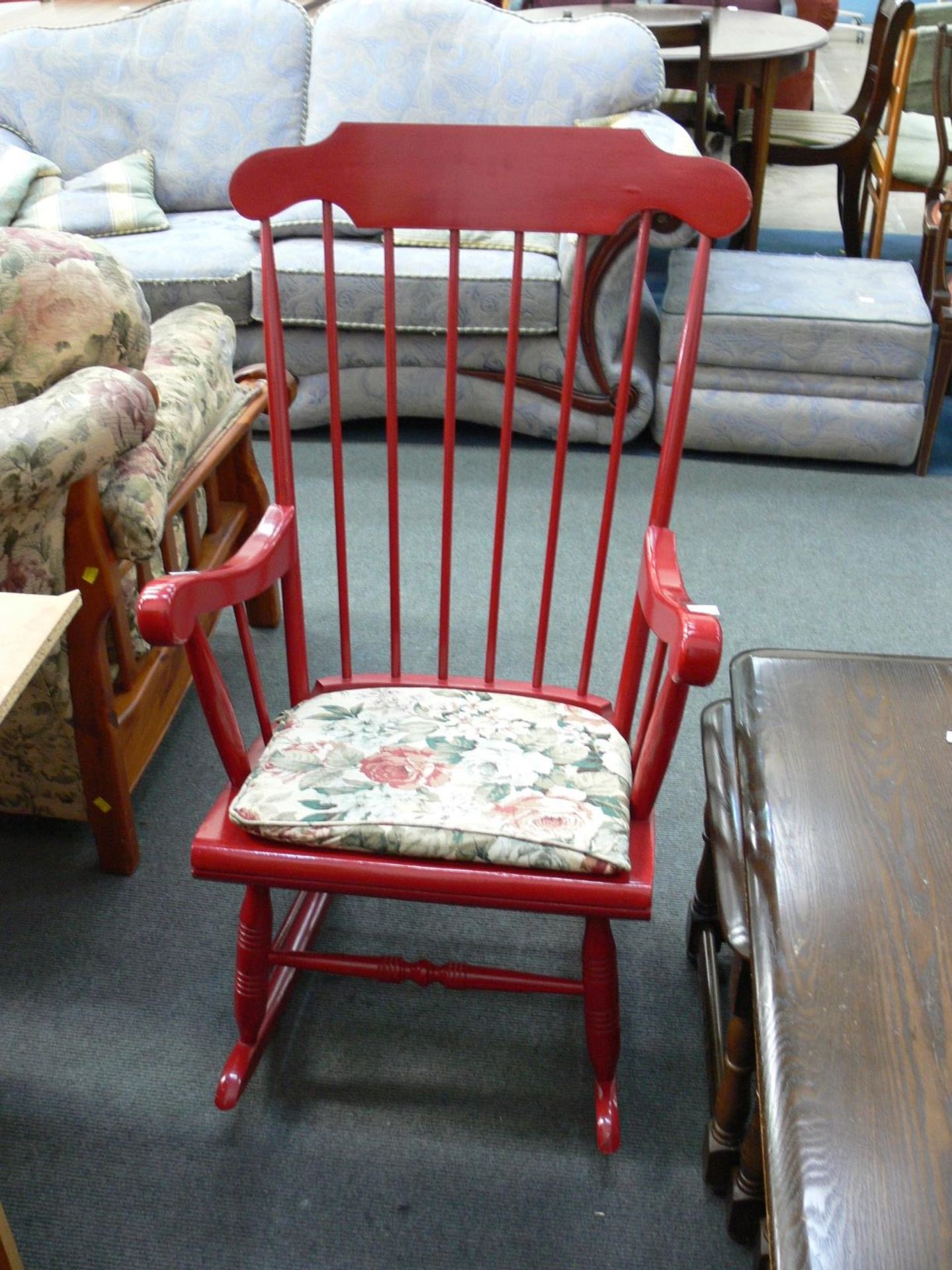 Two red painted Rocking Chairs - An adults with cushion and a child's without. (2) (Est. £20 - £40) - Image 3 of 3