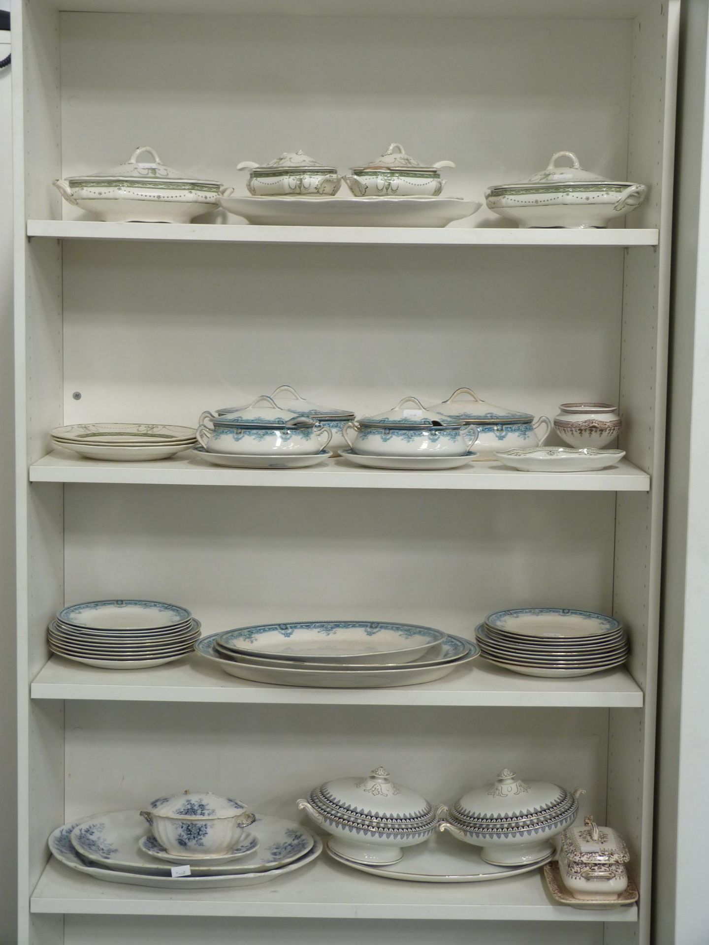 Five shelves to contain assorted Tureens, Meat Plates and Ceramic Tableware etc (est £20-£40)
