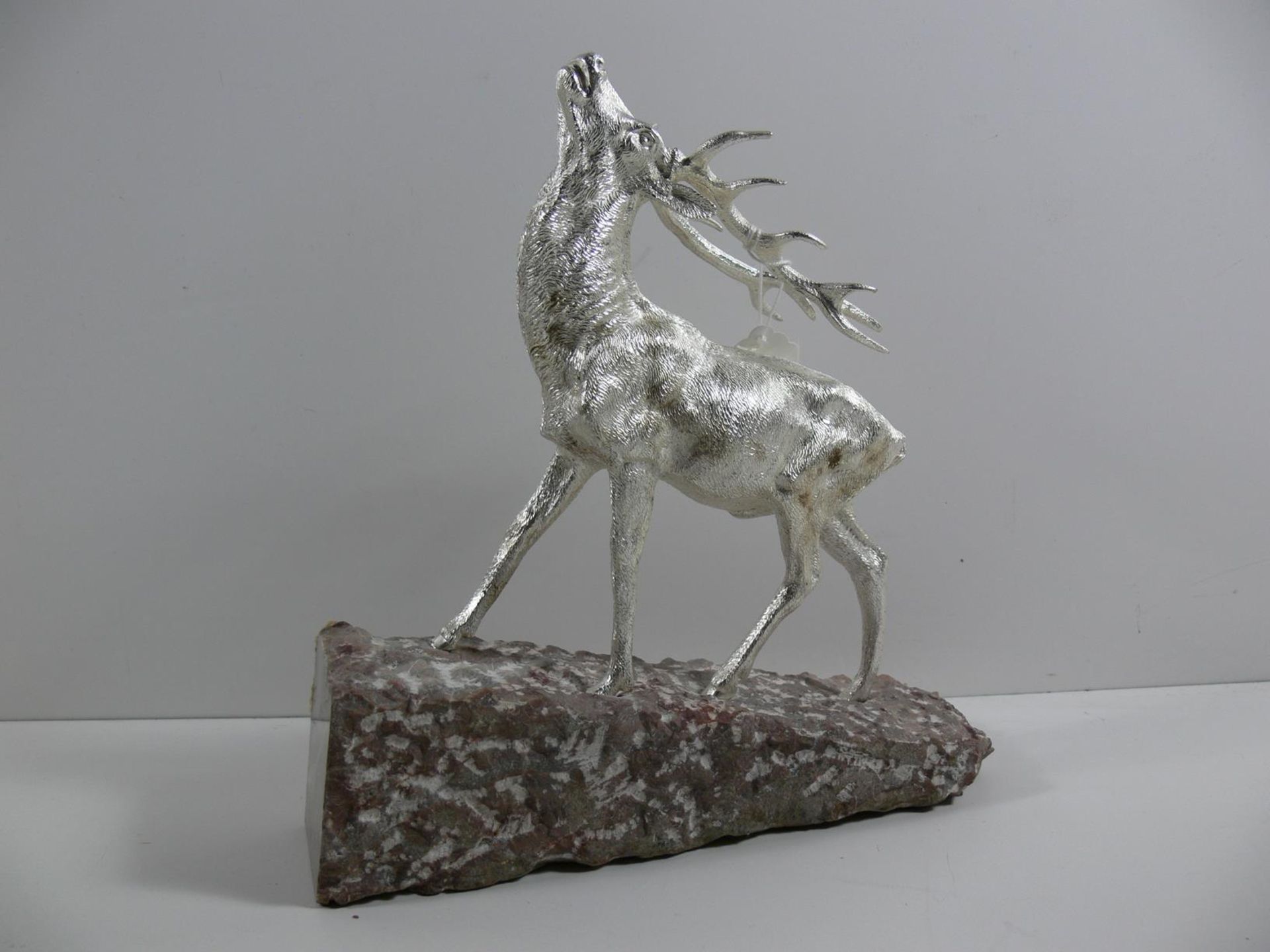 A Silver Stag, Fitted to a Stone Plinth (May be removed) (London - 1977, C.J.Vander Ltd, H24cm,