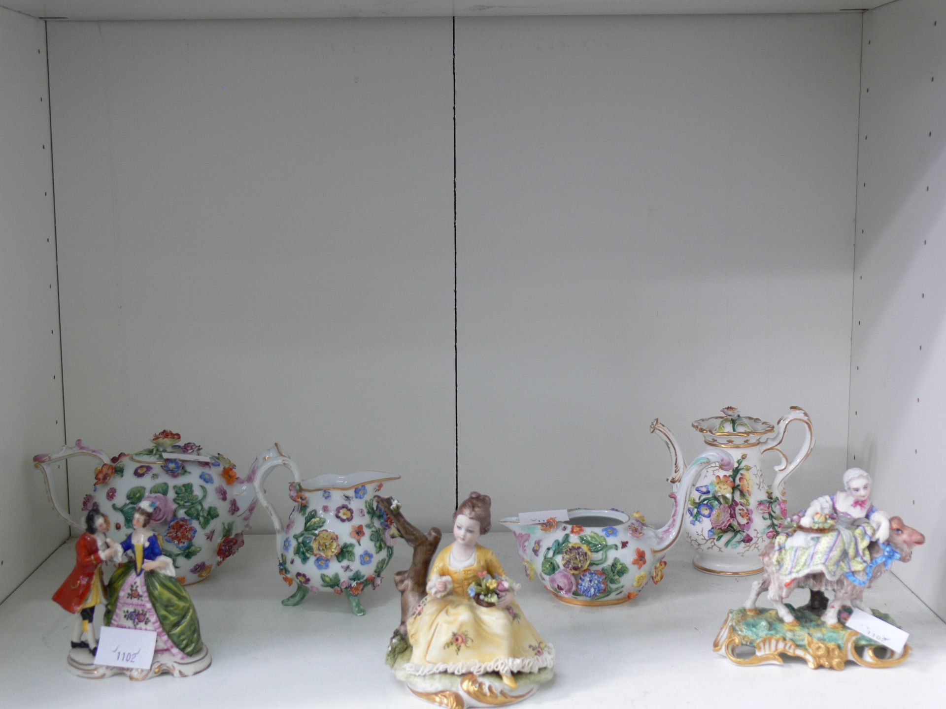 A four piece Meissen Coffee Set along with a Capodimonte figurine (A/F) and two other ceramic