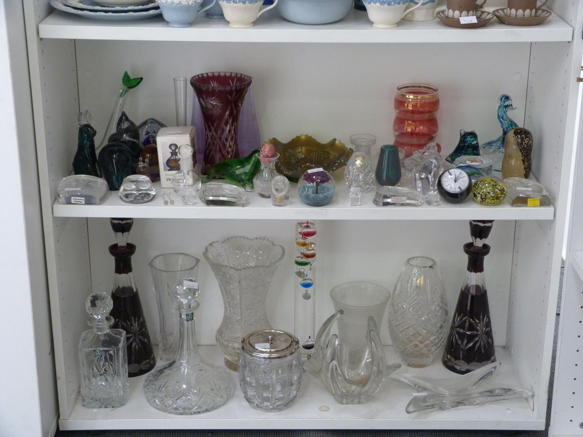 Two shelves to contain a selection of Glassware such as a Wedgwood Crystal Danielle Scent Bottle,