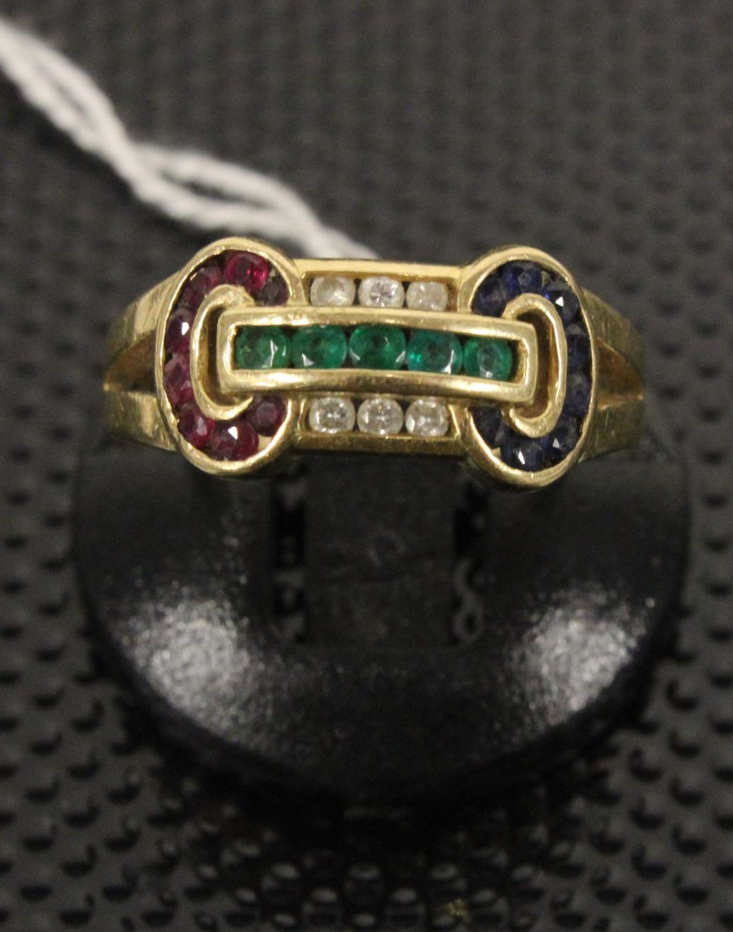 An Art Deco design 18ct Gold Ring set with Rubies and Emeralds & Diamonds size N/O. (Est. £200 -£ - Image 2 of 2