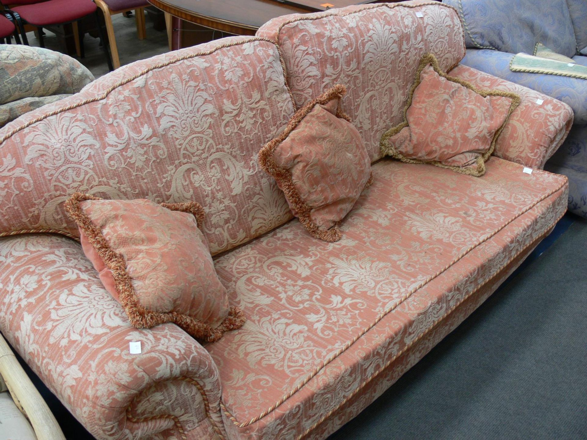 A Terracotta & Cream Three Seat Settee (A/F) (est £20-£40)