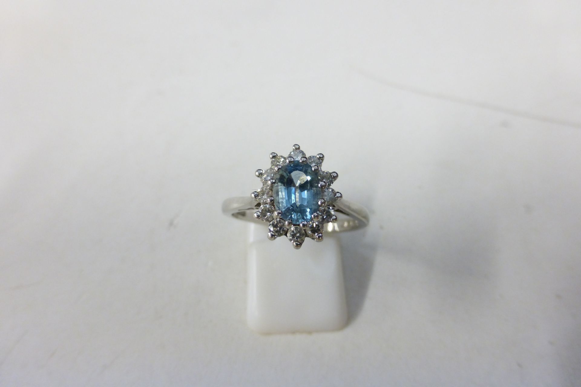 18ct White Gold Solitaire Aquamarine and Diamond Cluster Ring, size P (boxed). (Est. £850 - £1000) - Image 3 of 4