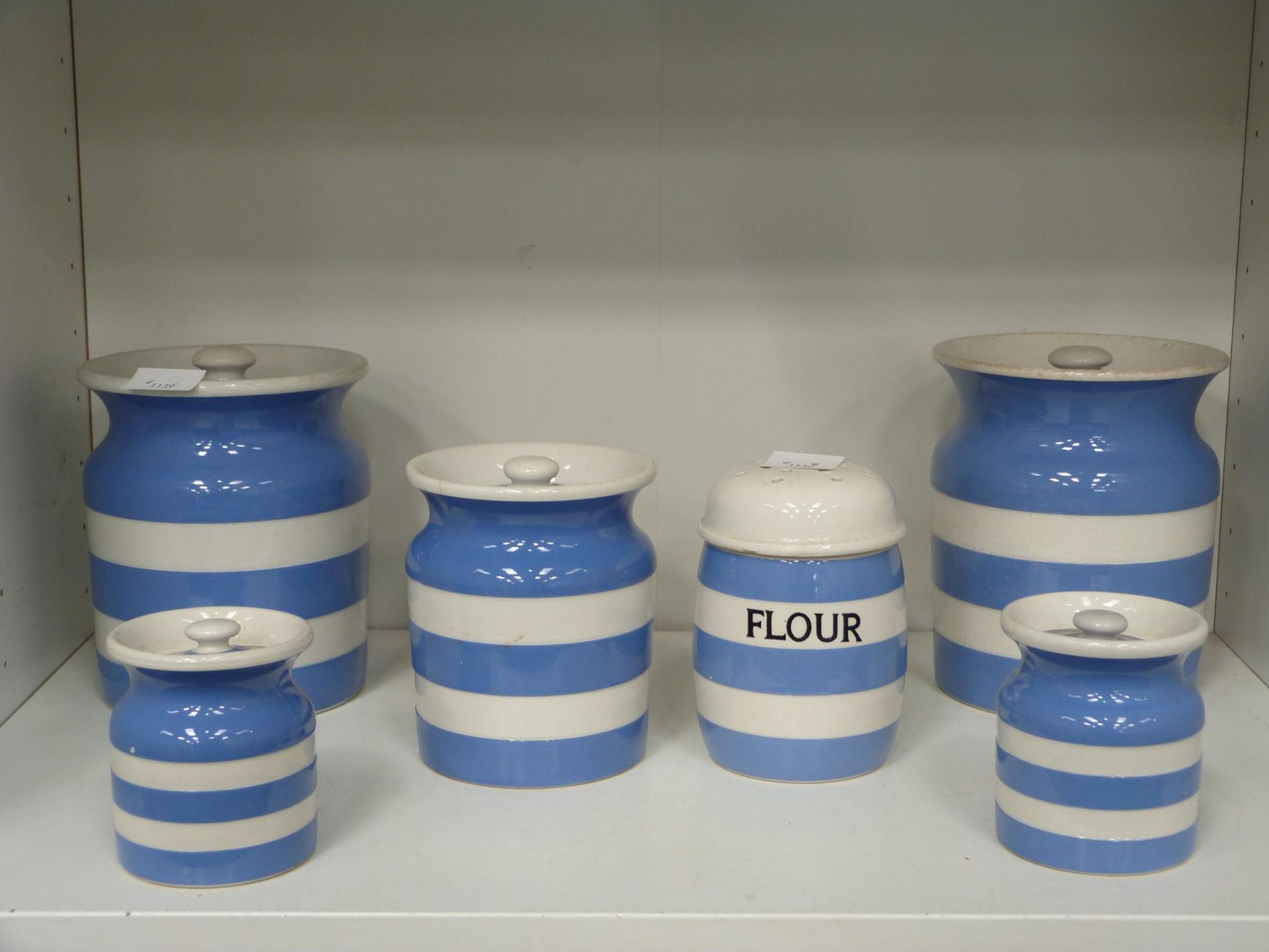 Six Pieces of Cornish Ware T.G Green to include one Flour Jar, two large Storage Jars, two small