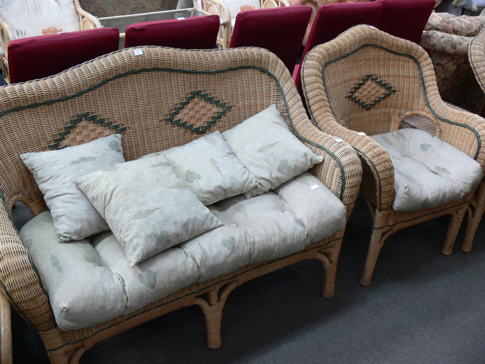 A Cane two seat Conservatory Settee, two Single Chairs, with fabric Cushions, Table, (4) (Est. £40 - - Image 2 of 3