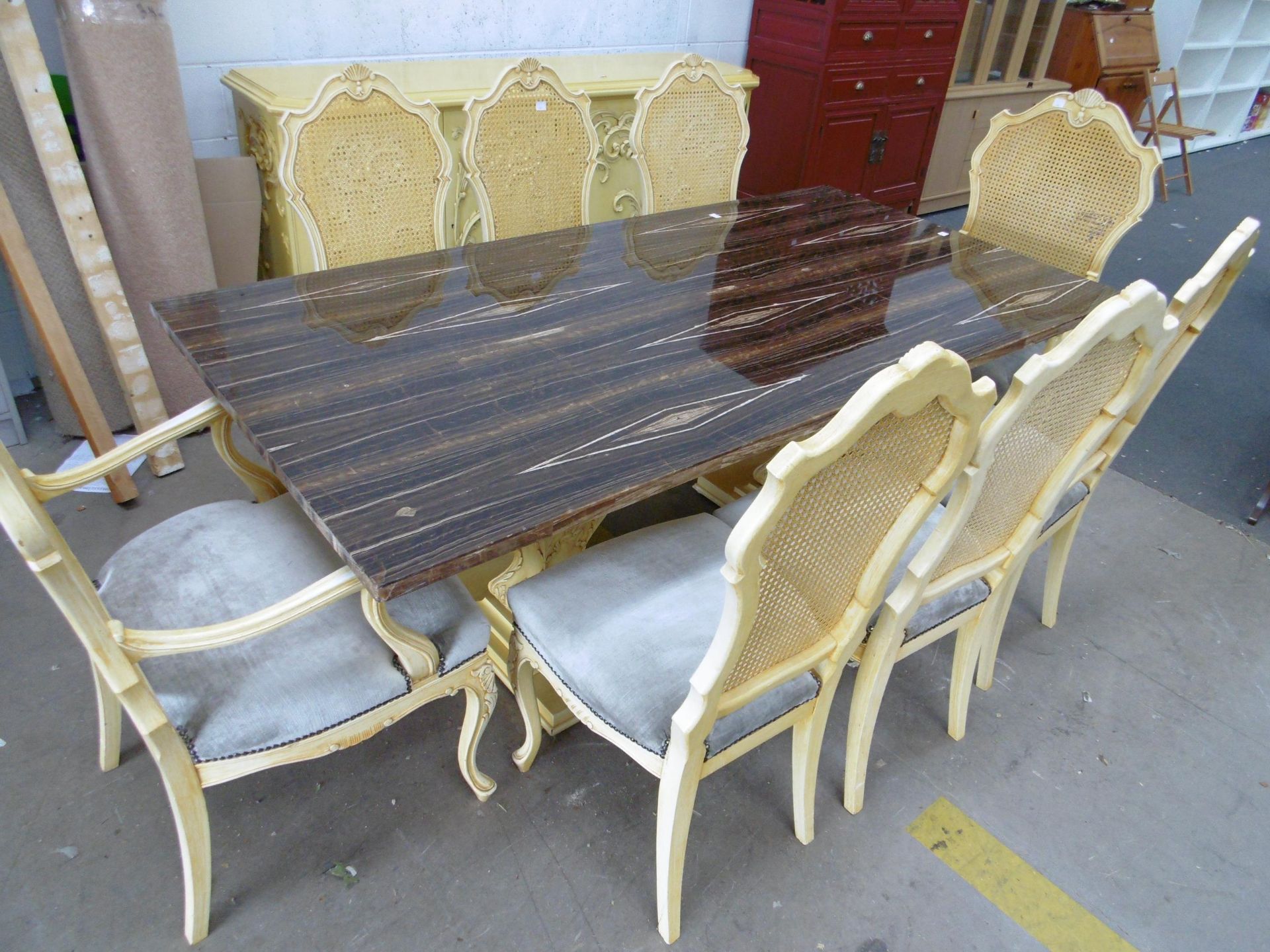 A Large and Impressive Marble Top Dining Table with twin pedestal with six upholstered chairs with - Image 11 of 11