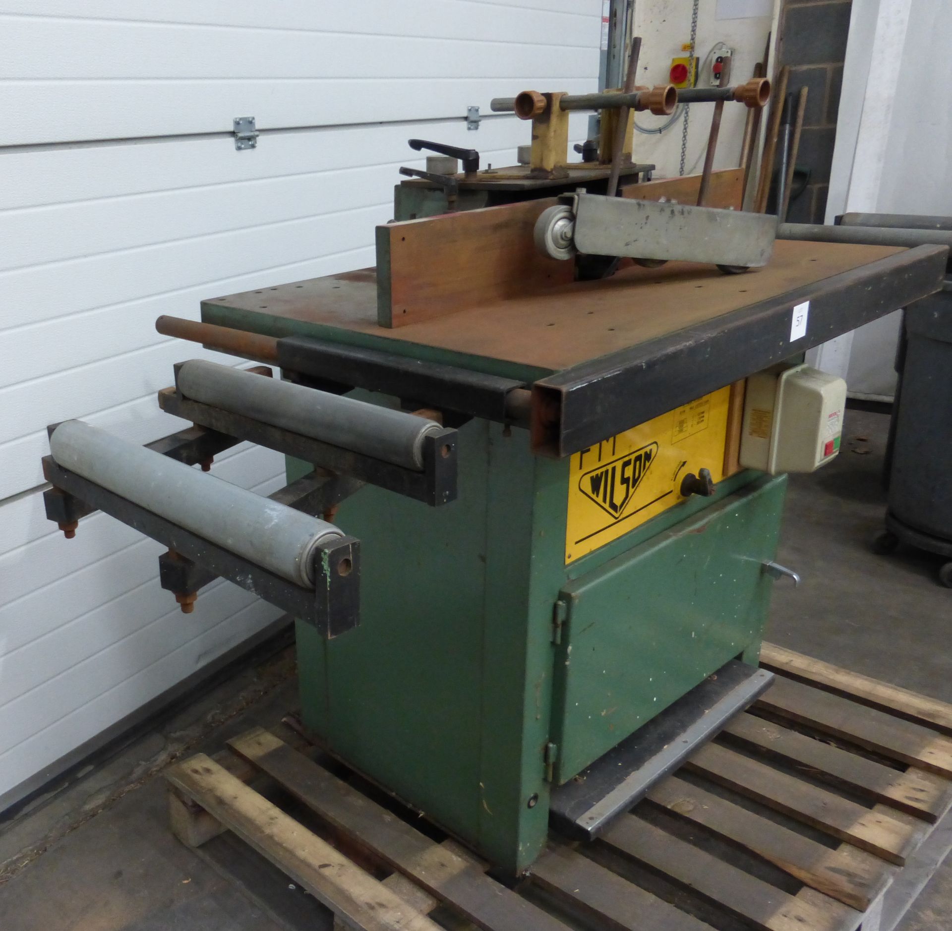 * Wilson FM Spindle Moulder c/w infeed and outfeed extensions and pull out support rail. 3PH. - Image 6 of 6
