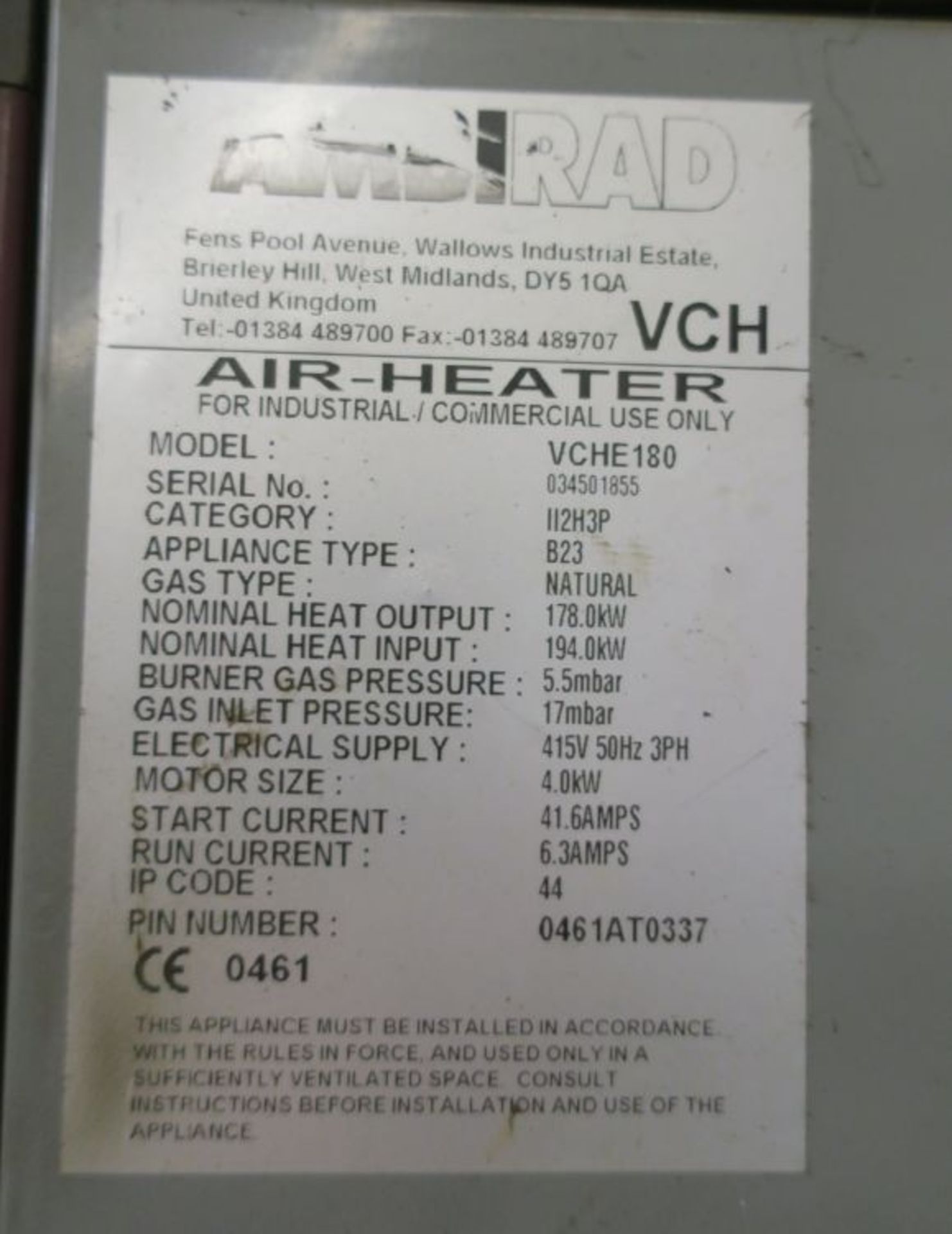 * Ambirad. Gas fired Industrial Air Heater, Model VCHE180, S/N: 034501855 - Image 2 of 3