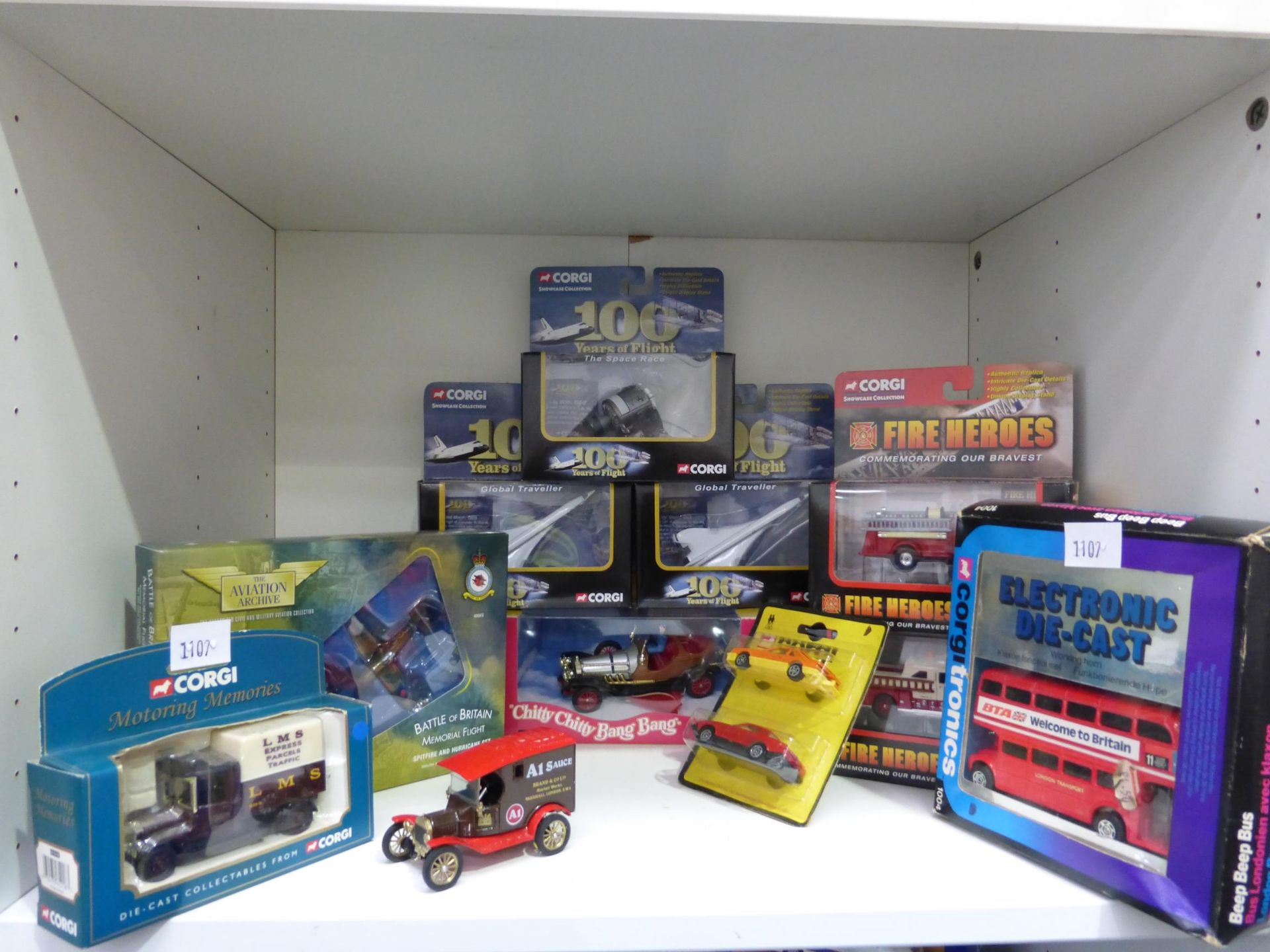 Three shelves to contain a collection of Corgi boxed Diecast Vehicles to include Classic Models, Old