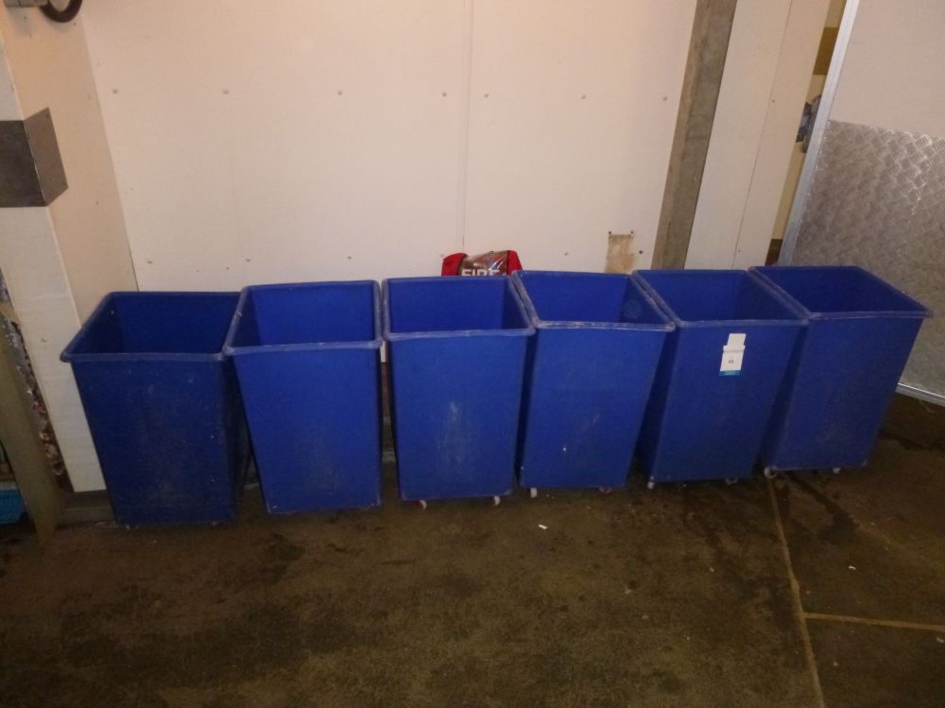 * 6 x Blue Plastic Bins on Castors (460 x 460 x 730mm)