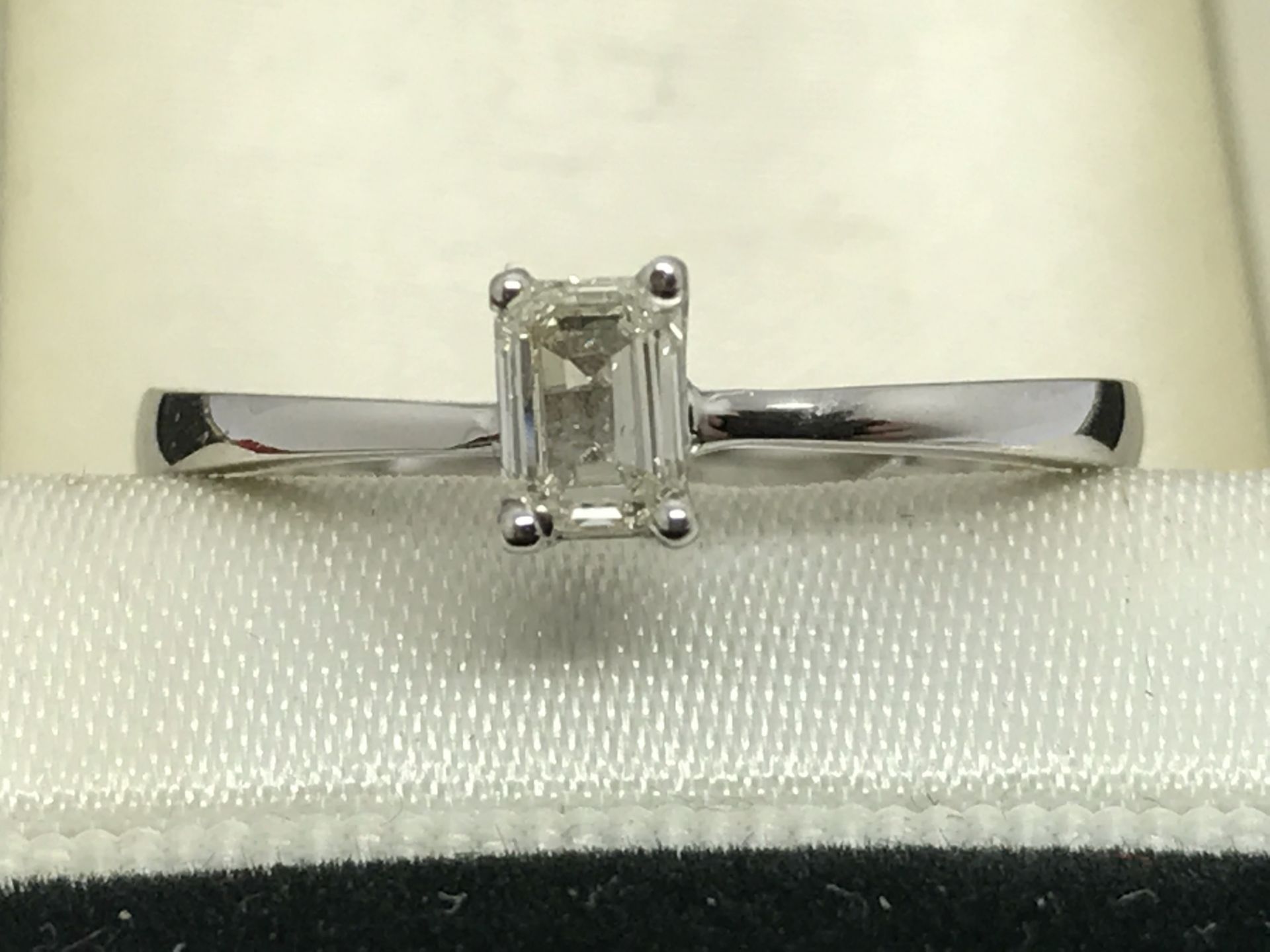 0.36ct EMERALD CUT DIAMOND SOLITAIRE RING SET IN WHITE METAL TESTED AS 14ct GOLD **NO RESERVE**