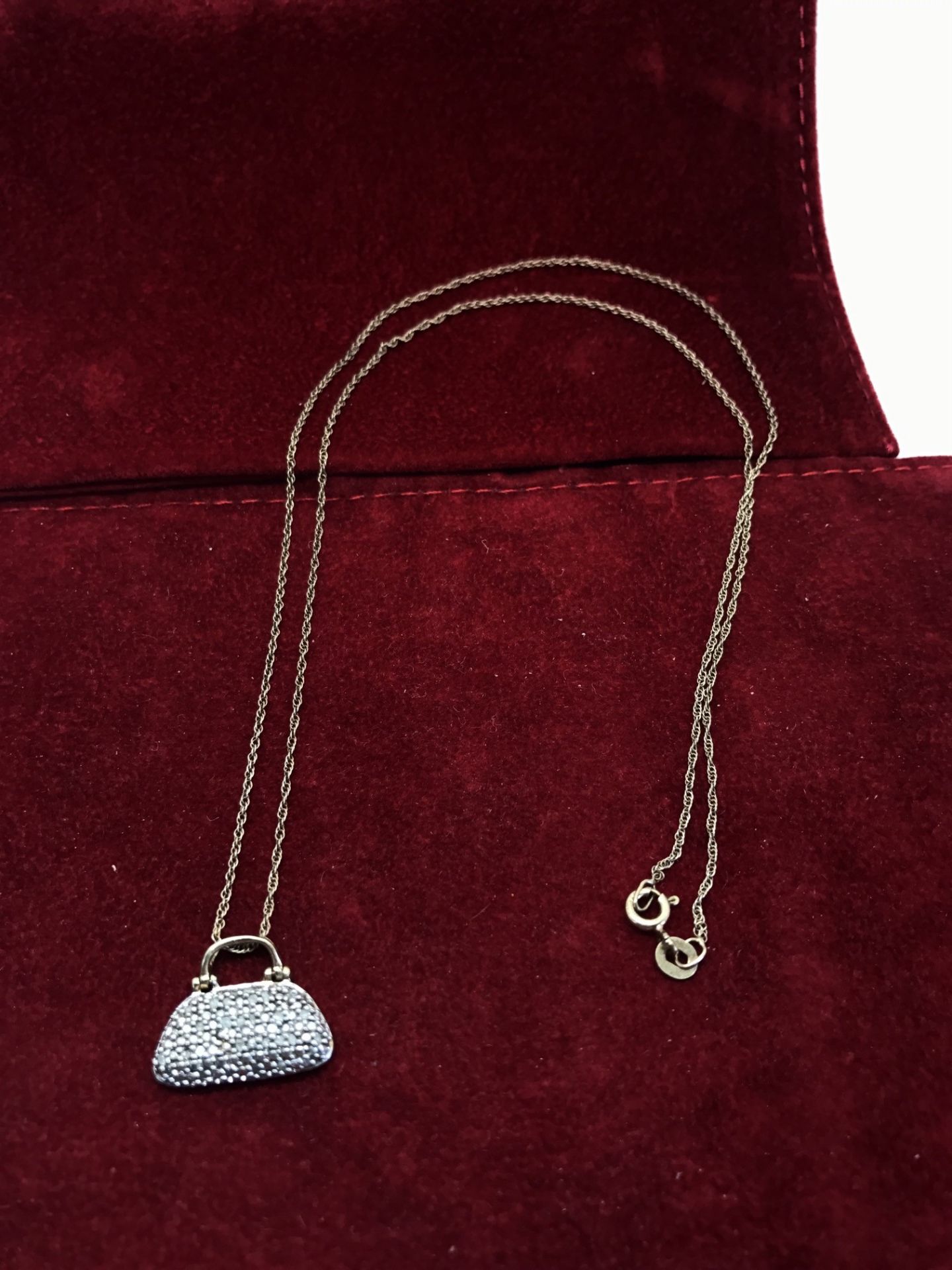 PRETTY DIAMOND SET HANDBAG PENDANT & CHAIN - GOLD OVER 925 SILVER