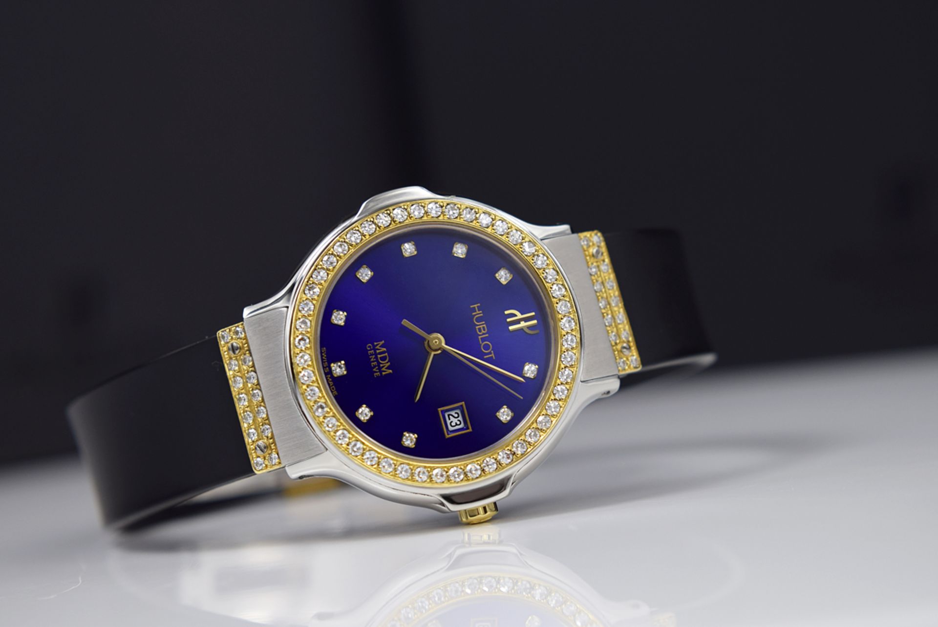 HUBLOT - 'Diamond' Lady Date - Steel and Gold! Gorgeous Blue Dial!