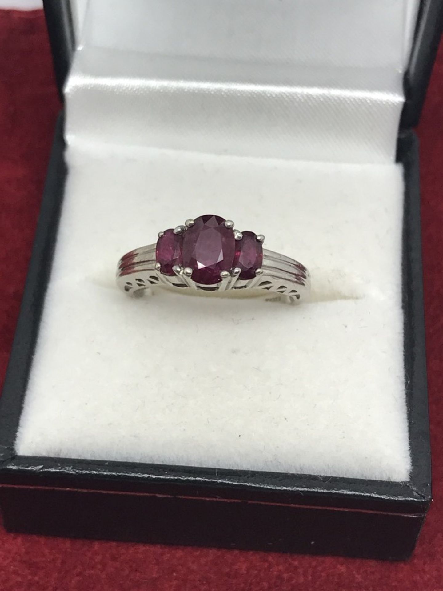 9ct WHITE GOLD 3 STONE RUBY RING