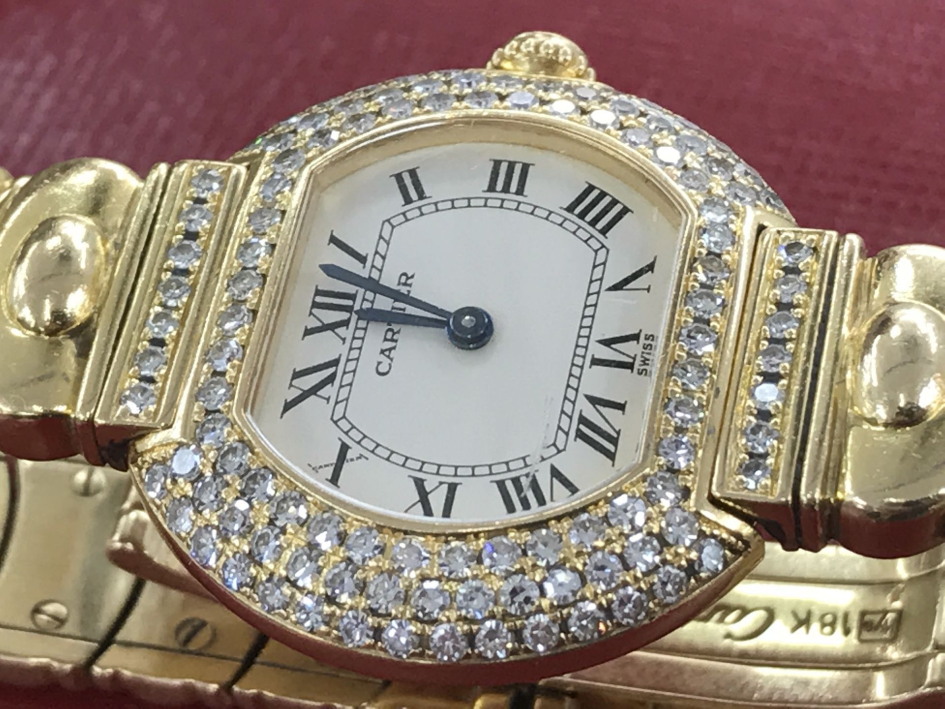 18ct GOLD LADIES CARTIER WATCH SET WITH CARTIER DIAMONDS - RARE MODEL