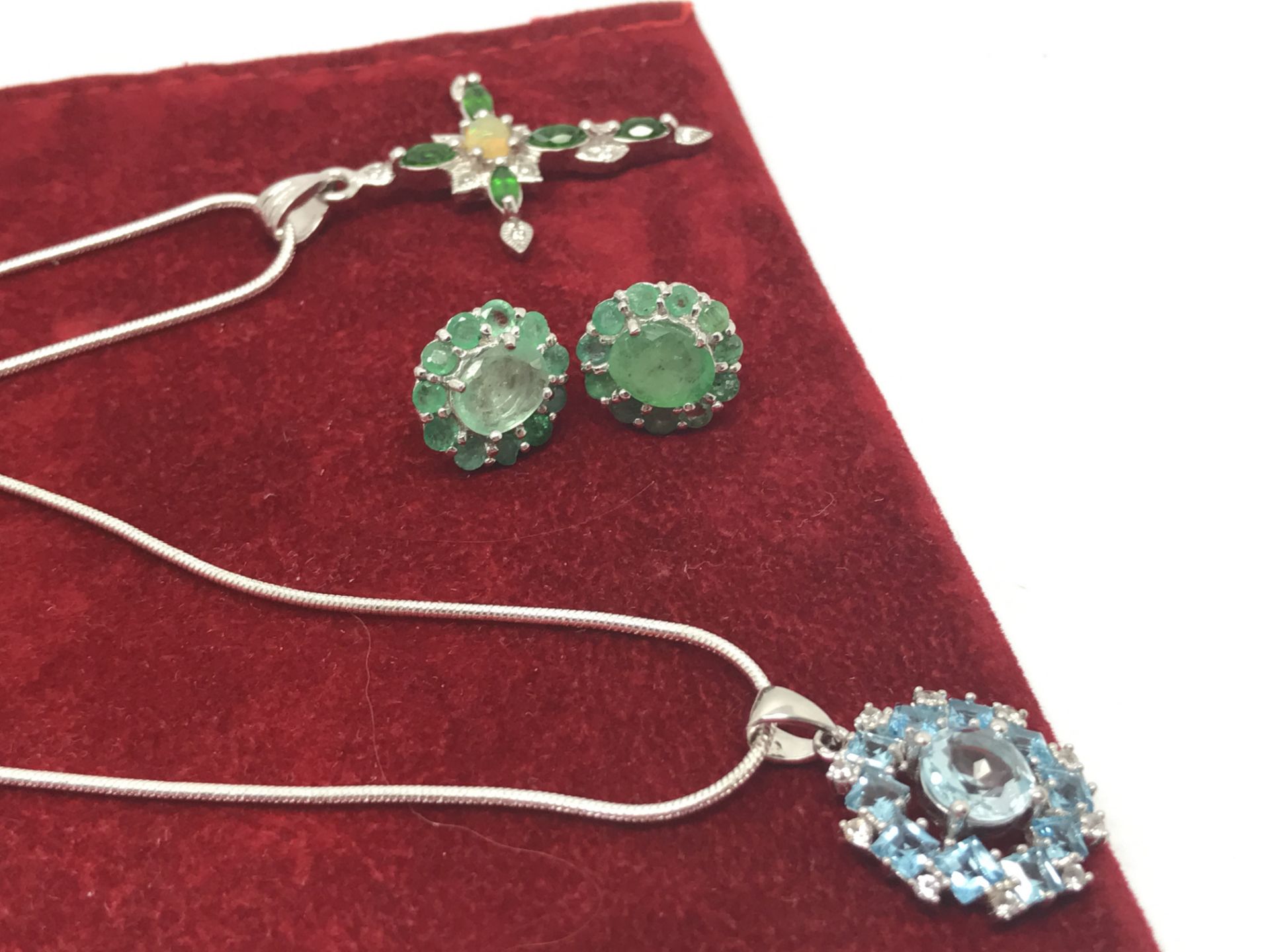 EMERALD EARRINGS, RUBY EARRINGS, BLUE TOPAZ NECKLACE + CROSS - Image 3 of 3