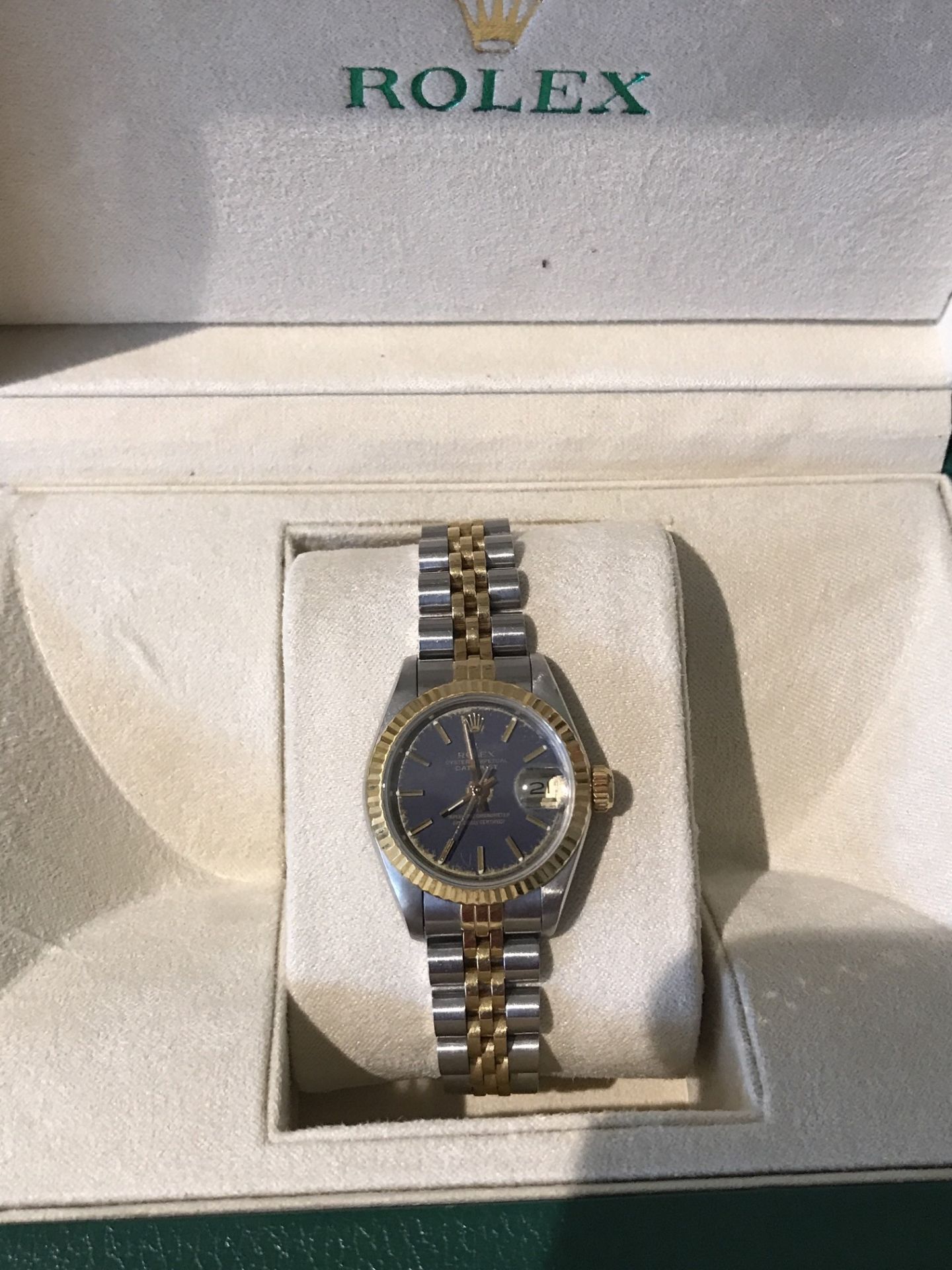 LADIES GOLD/SS ROLEX WATCH WITH BLUE DIAL