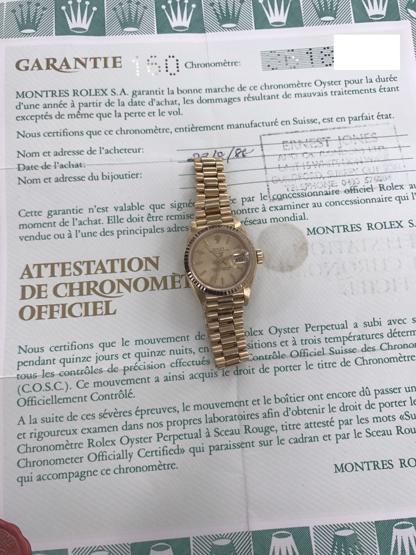 18ct GOLD LADIES ROLEX WITH PAPERWORK & SERVICE RECEIPT