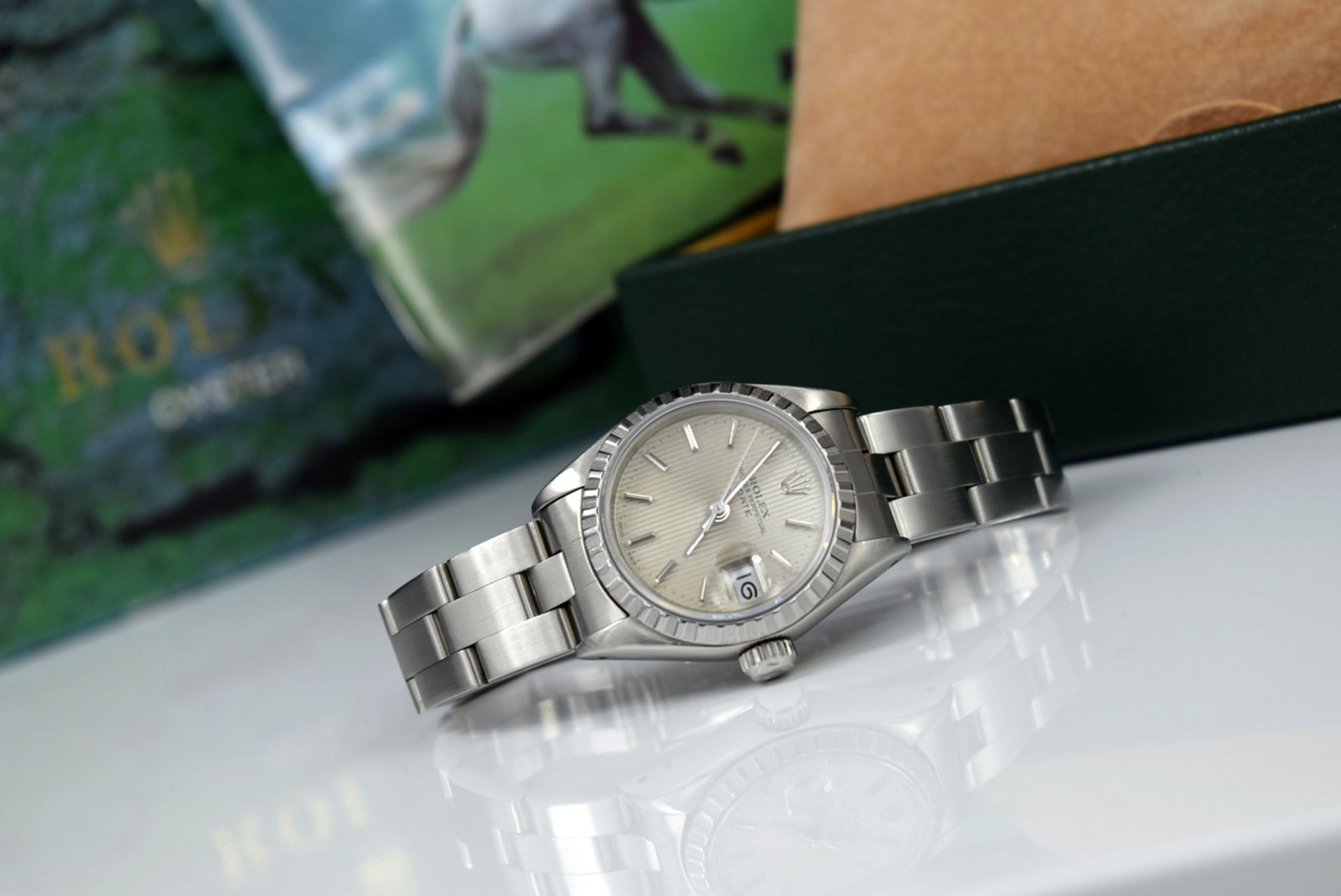 ROLEX OYSTER PERPETUAL DATE - STEEL with SILVER TAPESTRY DIAL! - Image 6 of 6