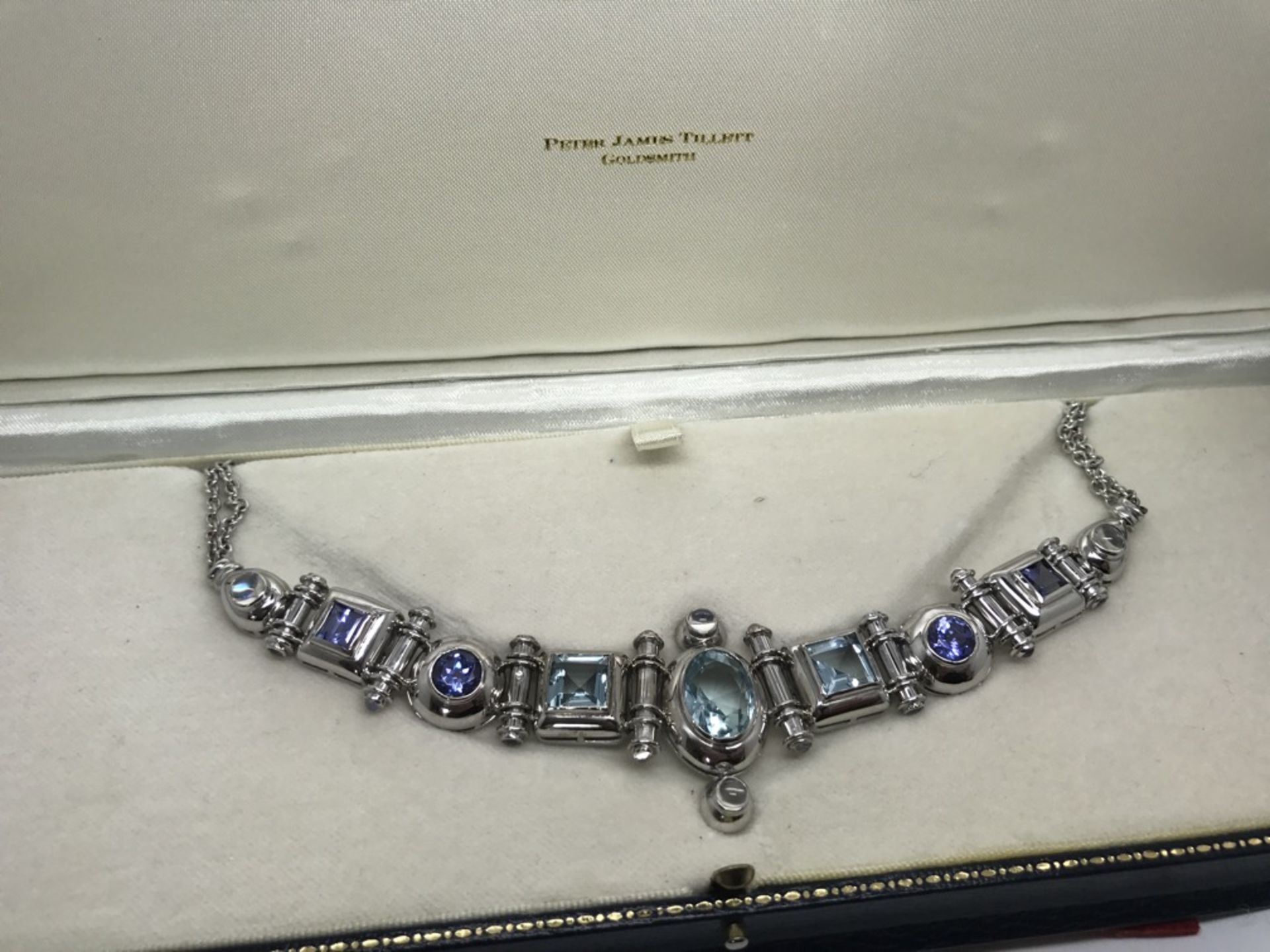 18ct WHITE GOLD AQUA MARINE, TANZANITE, MOONSTONE NECKLACE - COST £12500 - Image 5 of 5