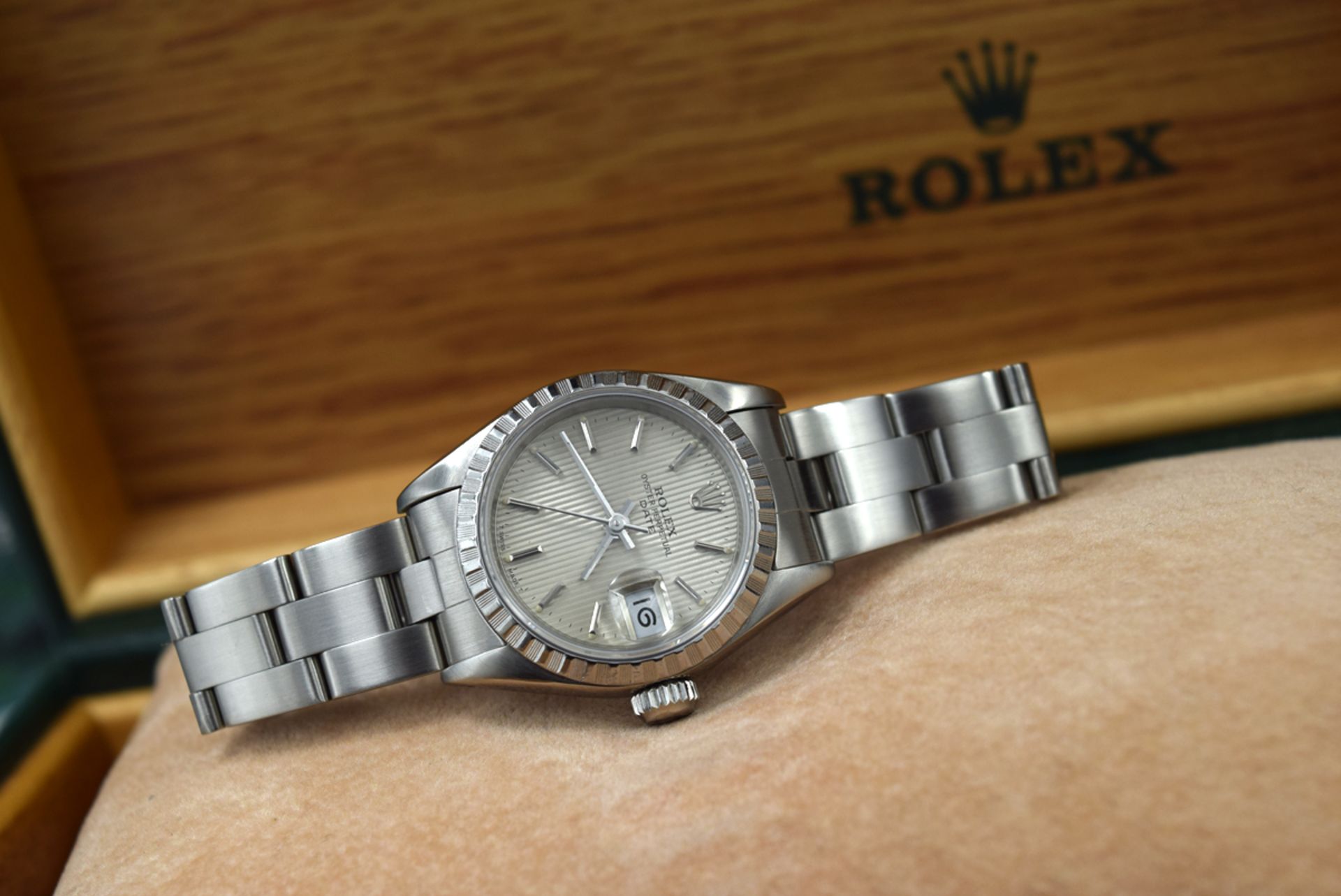 ROLEX OYSTER PERPETUAL DATE - STEEL WITH SILVER TAPESTRY DIAL!