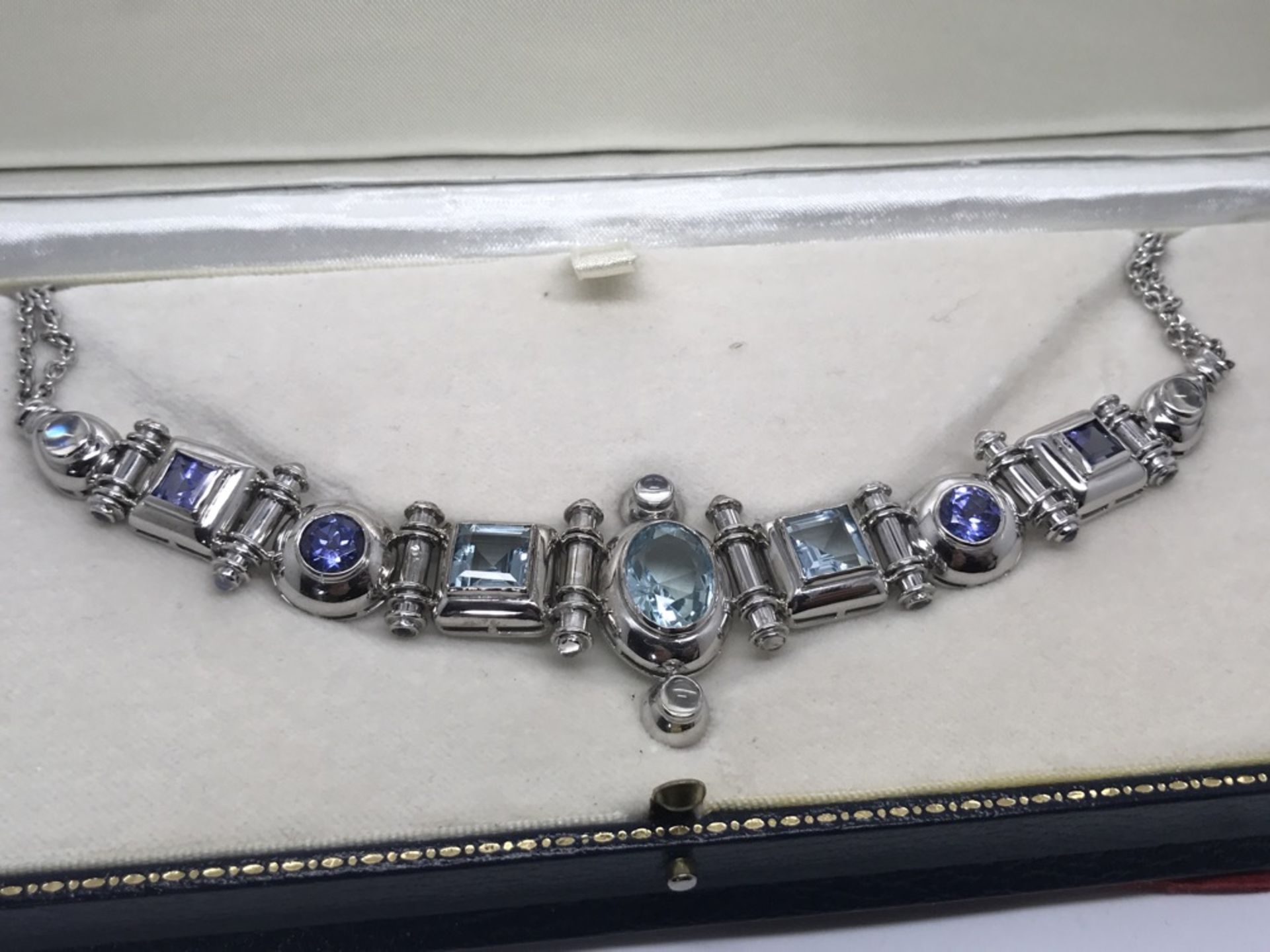 18ct WHITE GOLD AQUA MARINE, TANZANITE, MOONSTONE NECKLACE - COST £12500