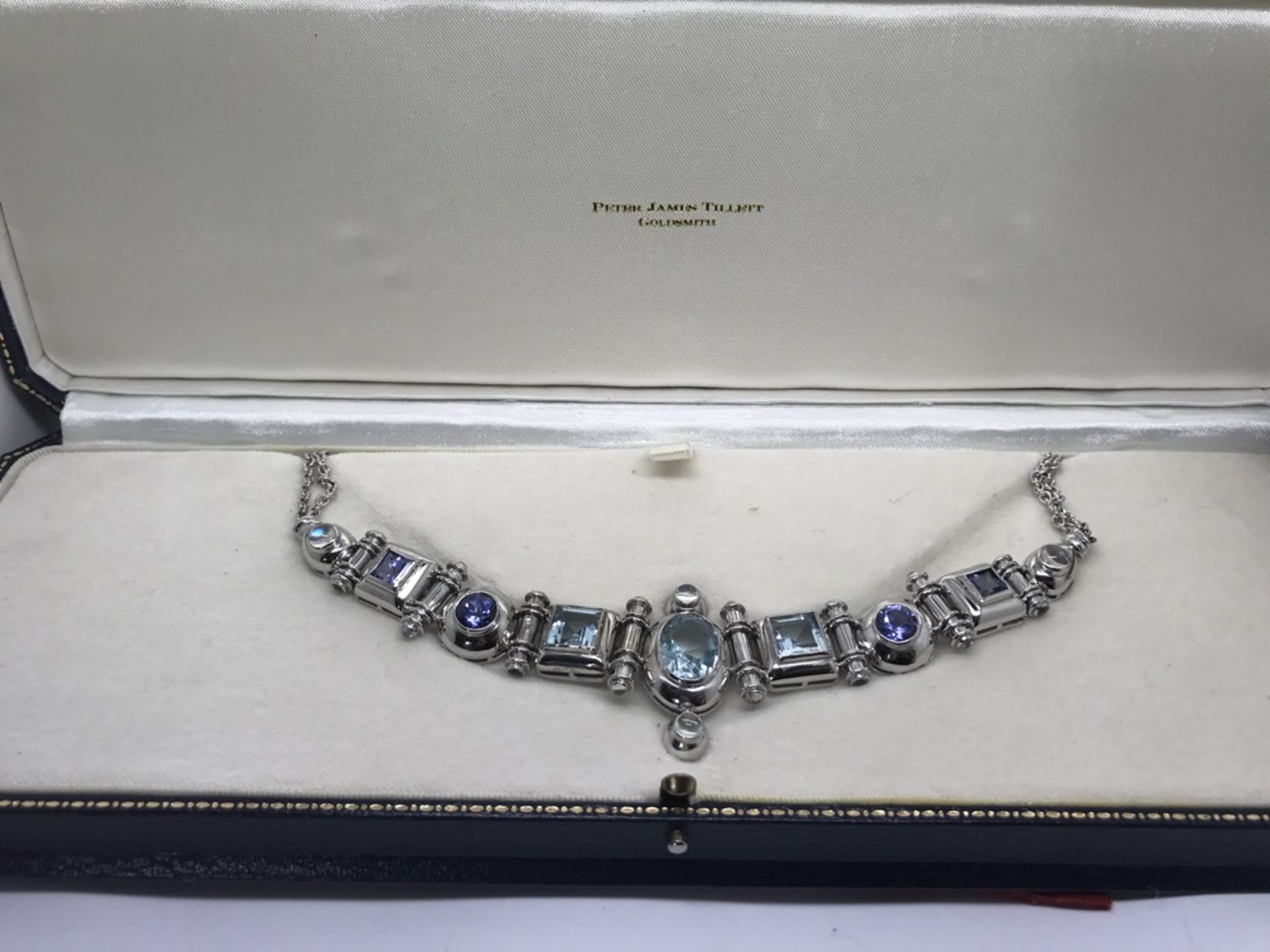 18ct WHITE GOLD AQUA MARINE, TANZANITE, MOONSTONE NECKLACE - COST £12500 - Image 2 of 5