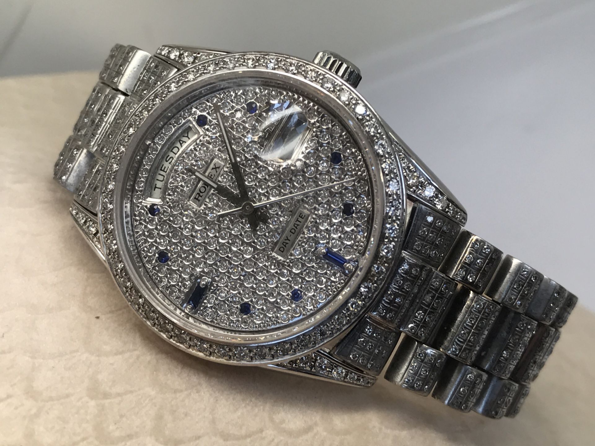 Mens Solid White Gold Diamond/ Sapphire Day-Date “Super President” Watch - Image 12 of 13