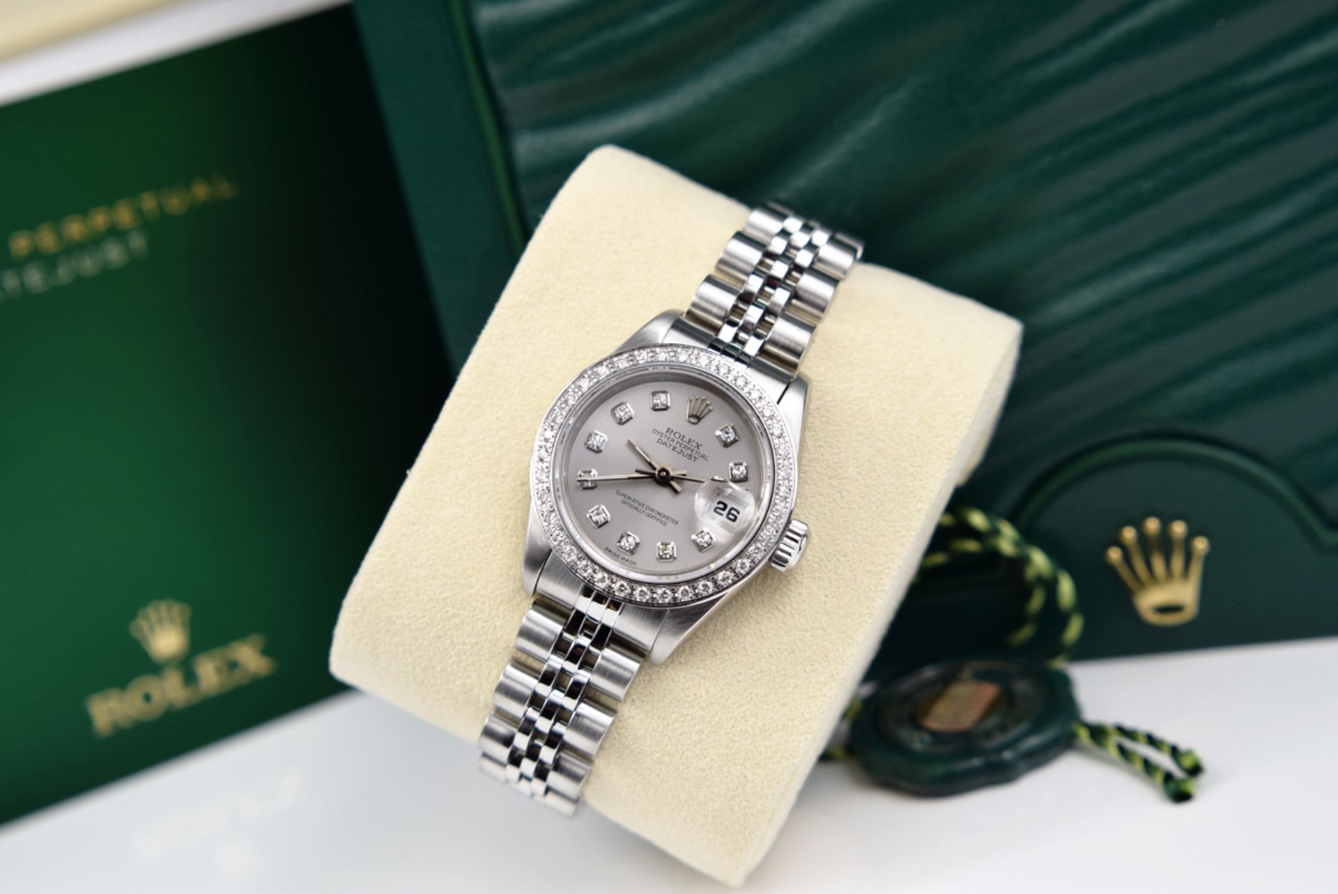 Rolex Steel & 18k White Gold *Diamond Encrusted* Lady DateJust with Silver Grey Diamond Dial