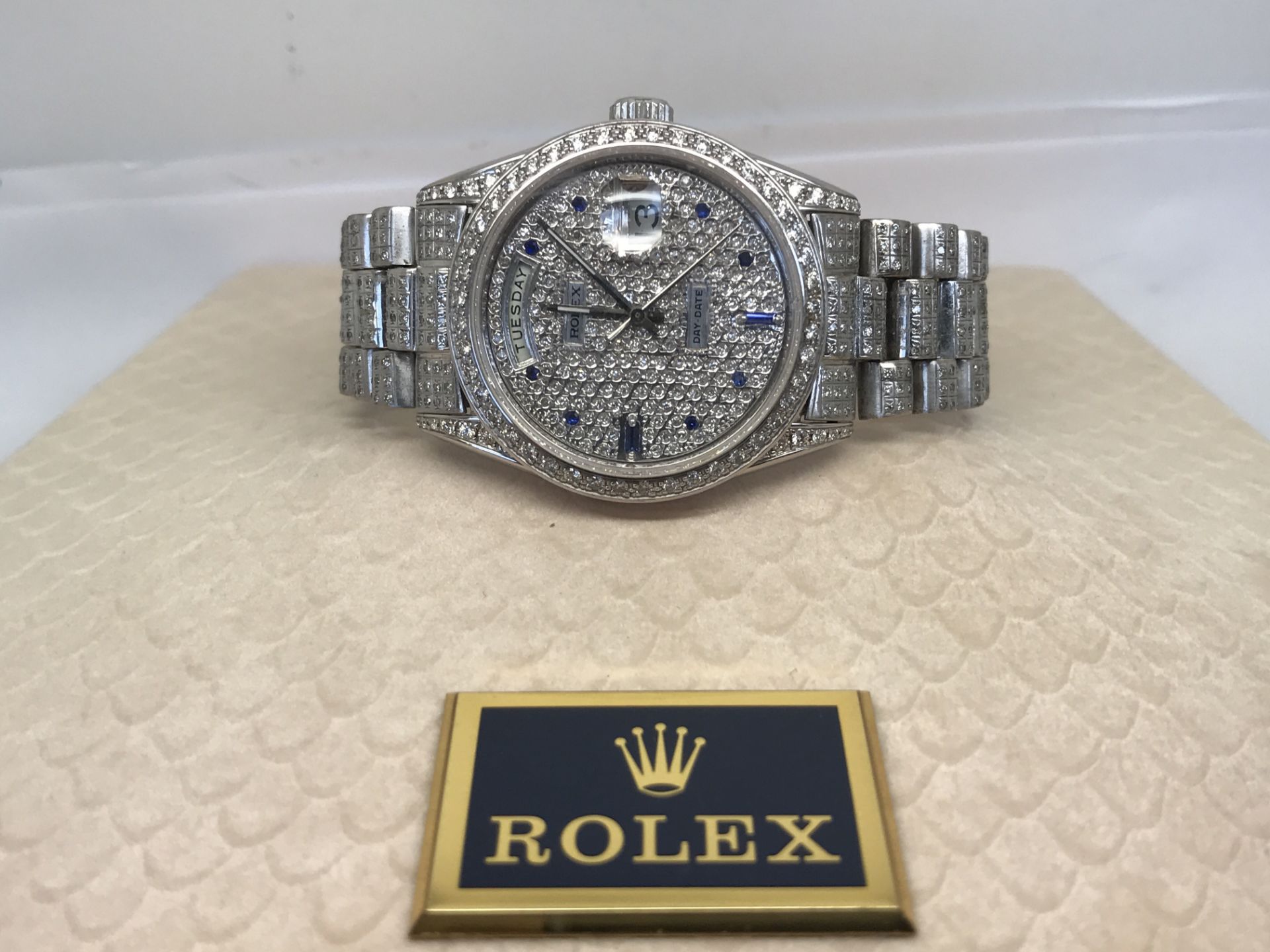 Mens Solid White Gold Diamond/ Sapphire Day-Date “Super President” Watch - Image 11 of 13