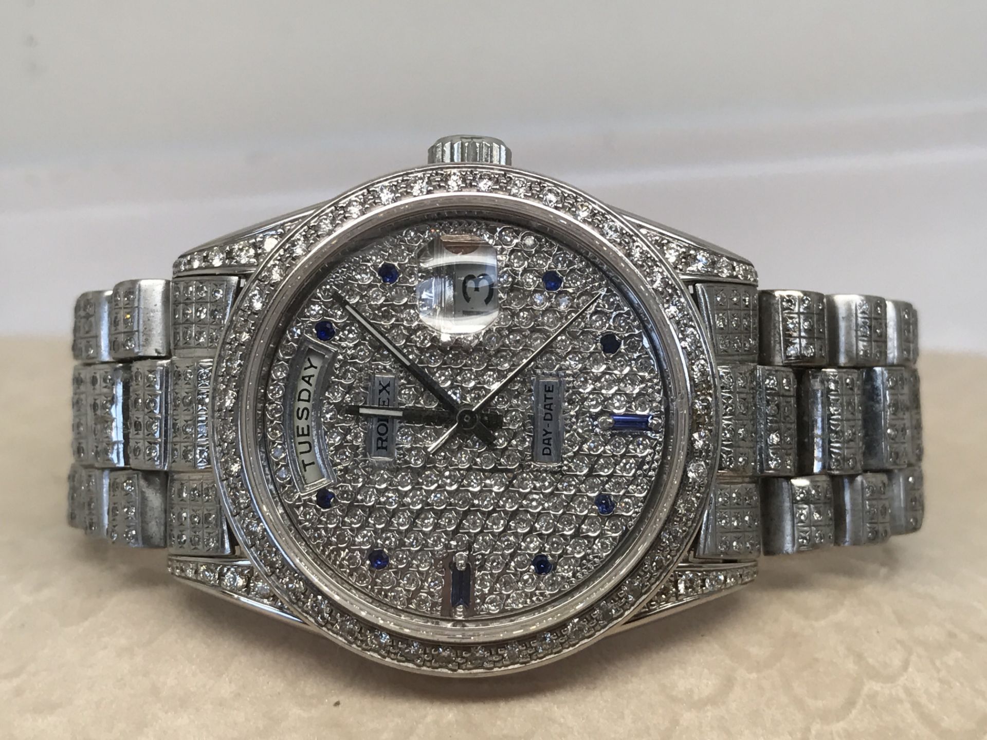 Mens Solid White Gold Diamond/ Sapphire Day-Date “Super President” Watch - Image 3 of 13