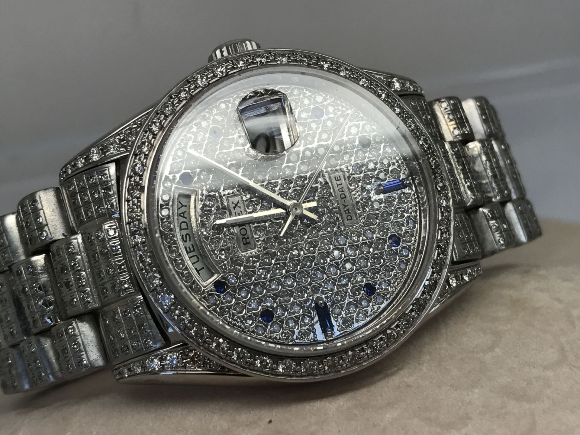 Mens Solid White Gold Diamond/ Sapphire Day-Date “Super President” Watch - Image 2 of 13