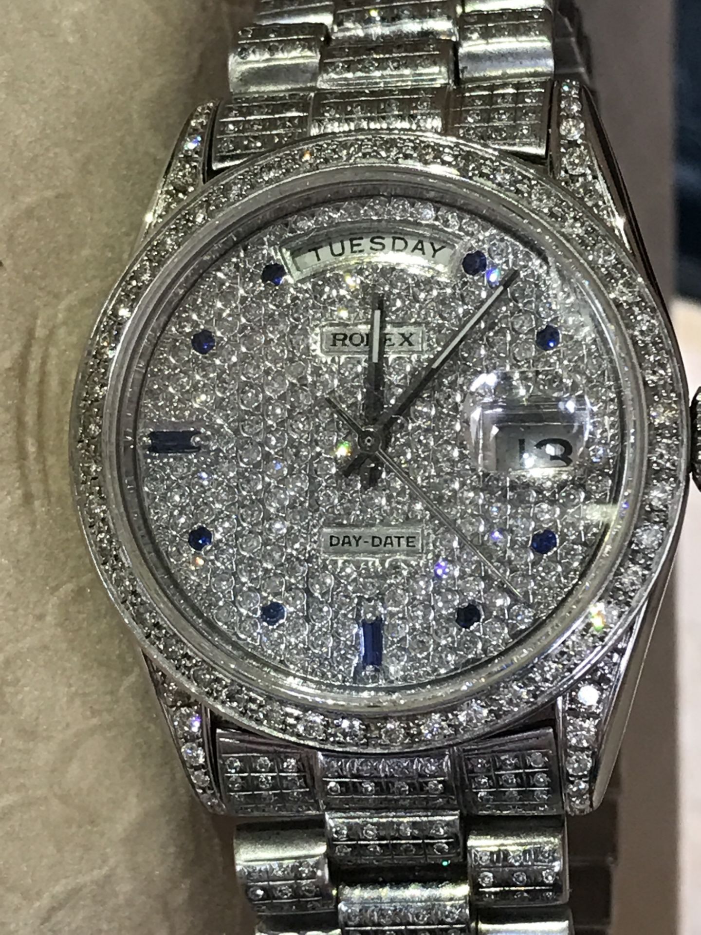 Mens Solid White Gold Diamond/ Sapphire Day-Date “Super President” Watch - Image 10 of 13