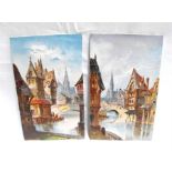 A pair of continental painted porcelain plaques depicting a town river scene, initialled (AC)