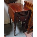 A Victorian mahogany drop leave table, with two frieze drawers standing on turned legs 36cm x 51cm