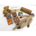 A Norah Wellings Monkey, a Chad Valley teddy bear, five children's Tuppenny books and other items.