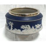 An Adams blue Jasper Ware bowl, decorated hunting scene, with silver plated mount 24.5cm diameter