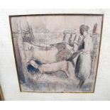 R Dugas - 'L'Etabele' (cowshed), pencil & watercolour, signed lower right, 12 by 12.5cm.