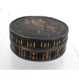 A Georgian circular tortoiseshell and papier mache snuff box, the top painted with a classical scene