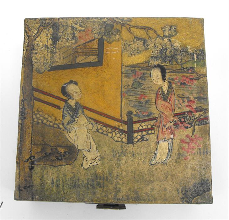 A Chinese velum box decorated with figures, 21cm x 21cm. - Image 2 of 2