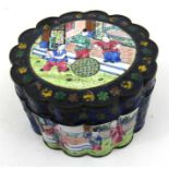 A Chinese enamel lidded box, decorated figures on a deep blue ground (some losses) 9cm diameter