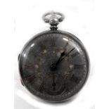 An open faced pocket watch, the silvered dial with Roman numerals and subsidiary seconds, the