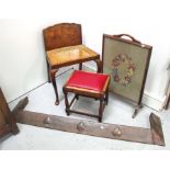 An Art Noveau copper firecurb, an oak tapestry fire screen, a walnut stool and an oak stool (4)