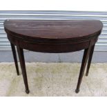 A 19thC demi loon mahogany card table with square tapering legs 99cm wide