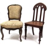 A Victorian mahogany Gothic hall chair, and a French occasional chair (2)